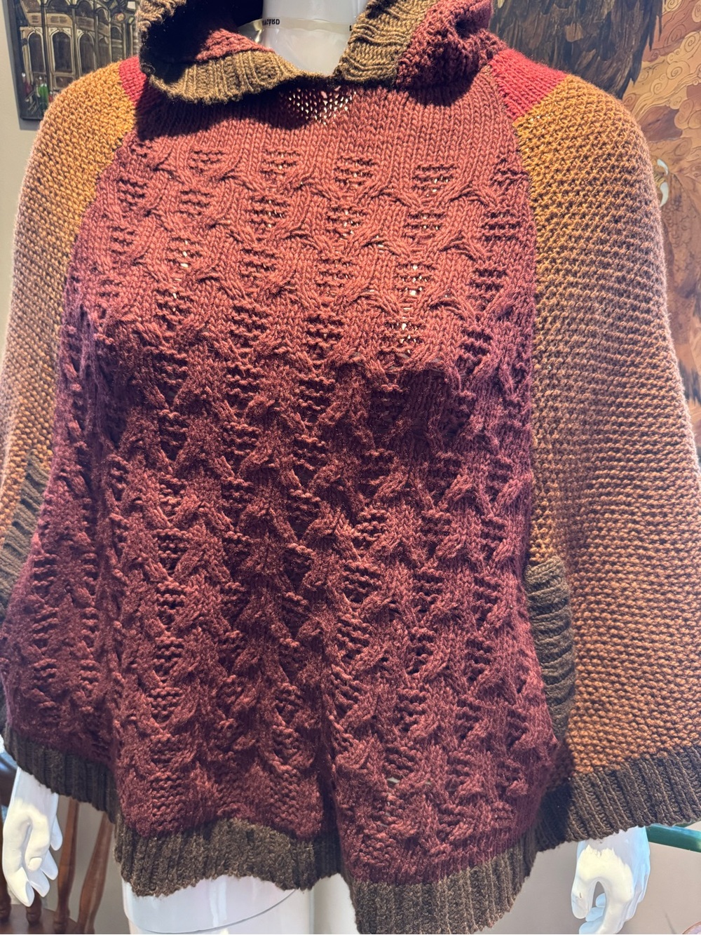 Colorblock Cowl-Neck Poncho, Sweater in Burgundy and Brown
